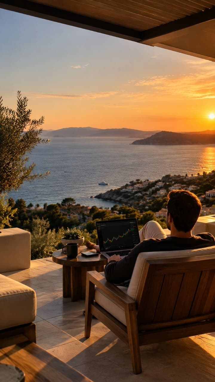 Trader reviewing live charts at sunset